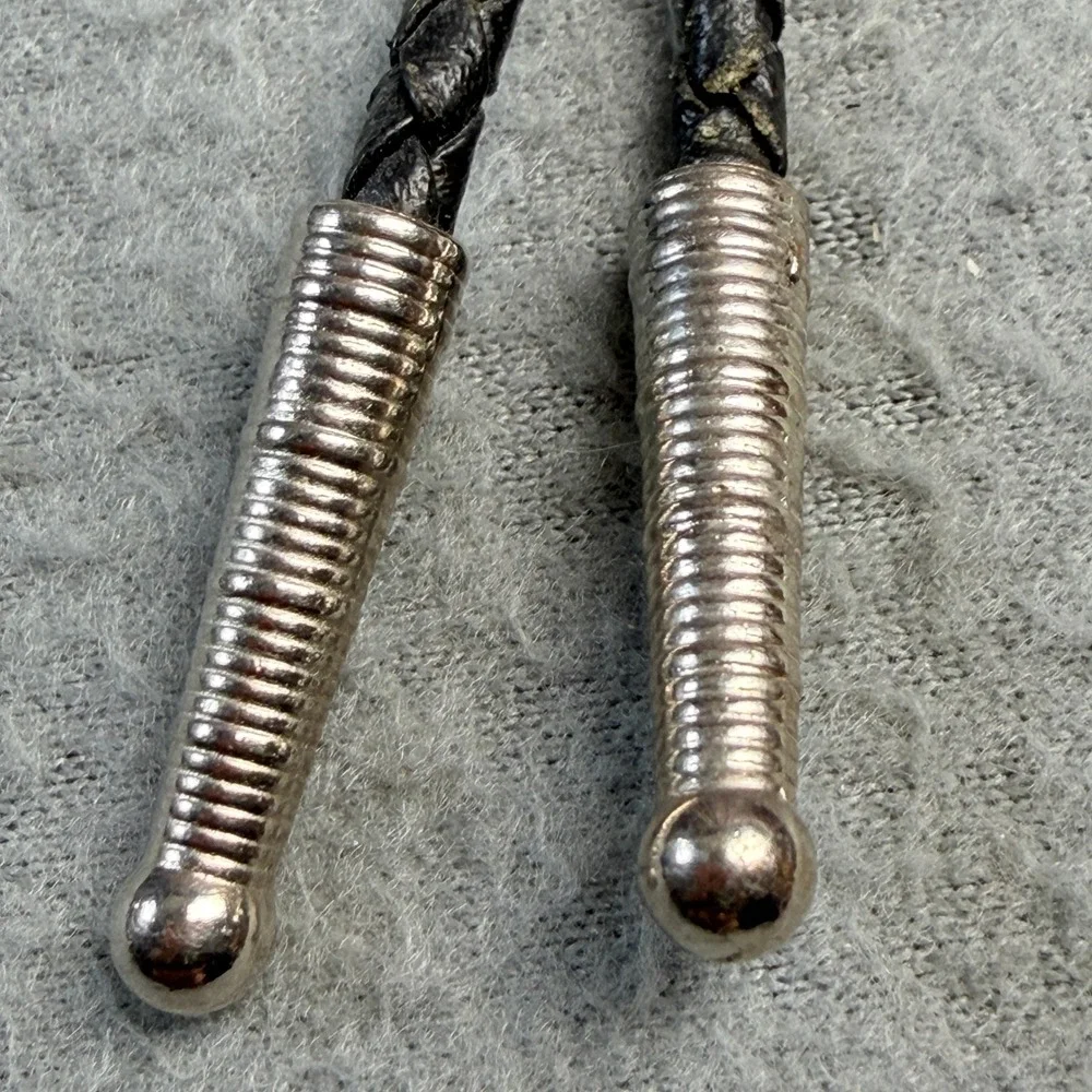 Vintage Western Bolo Tie Silver Tone Stamped Concho Black Braided Cord Cowboy
